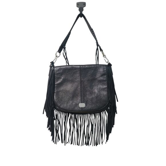 Lauren Ralph Lauren Pebble Leather Saddle Fringe Crossbody Bag Black GUC Flap - Picture 1 of 9